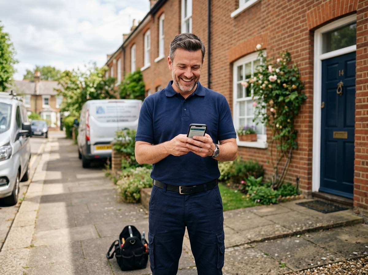 A tradesman checking his phone after receiving a new job enquiry